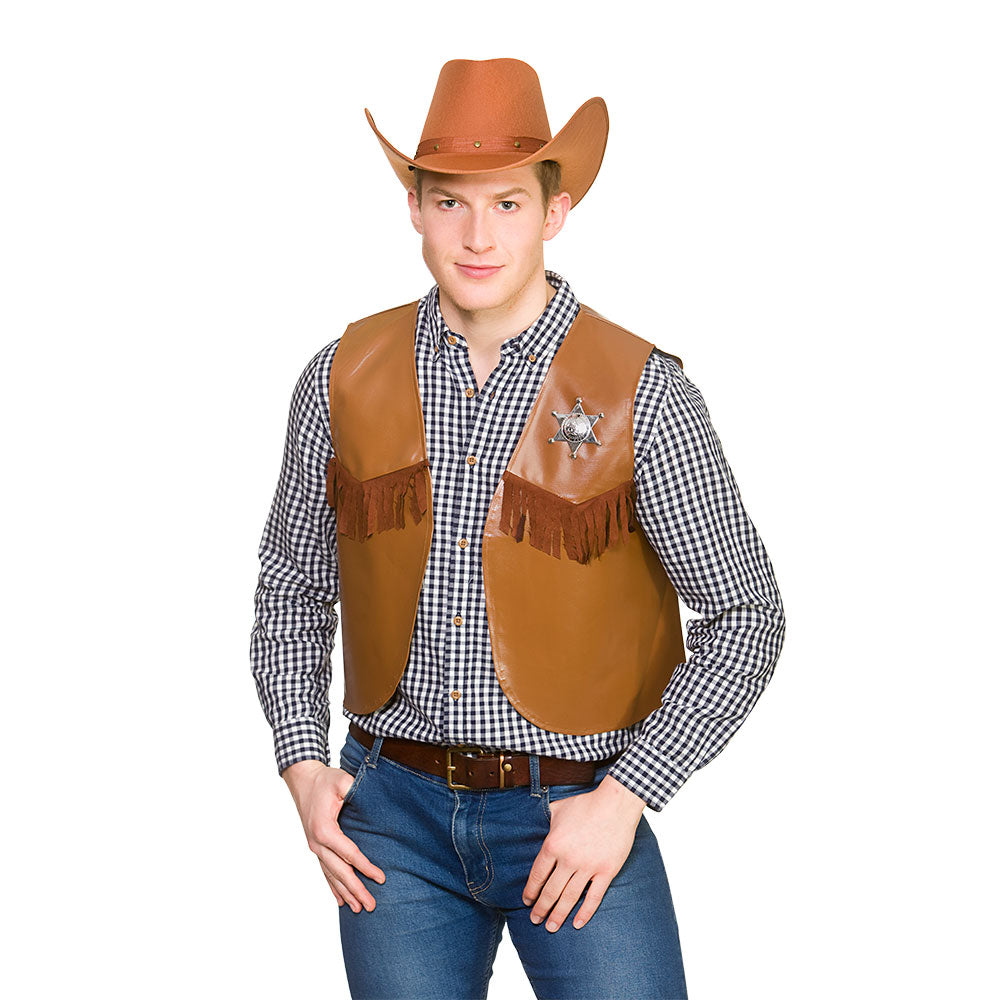 Adults Sheriff/Cowboy Waistcoat With Badge Light Brown One Size