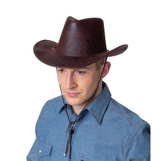 Adults Texan Cowboy Hat Aged Faux Brown Leather | Merthyr Tydfil | Why Not Shop Online
