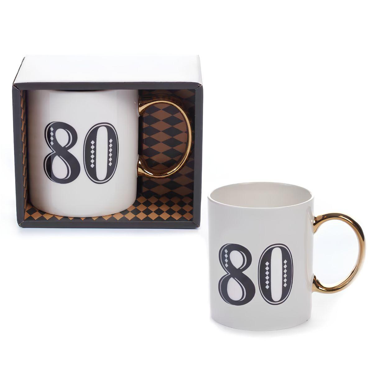 Art Deco Gift Mug Age 80 White/Blue/Gold Gift Boxed
