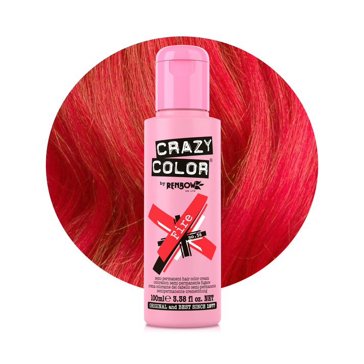 Pink bottle of Crazy Color hair dye with red hair in the background