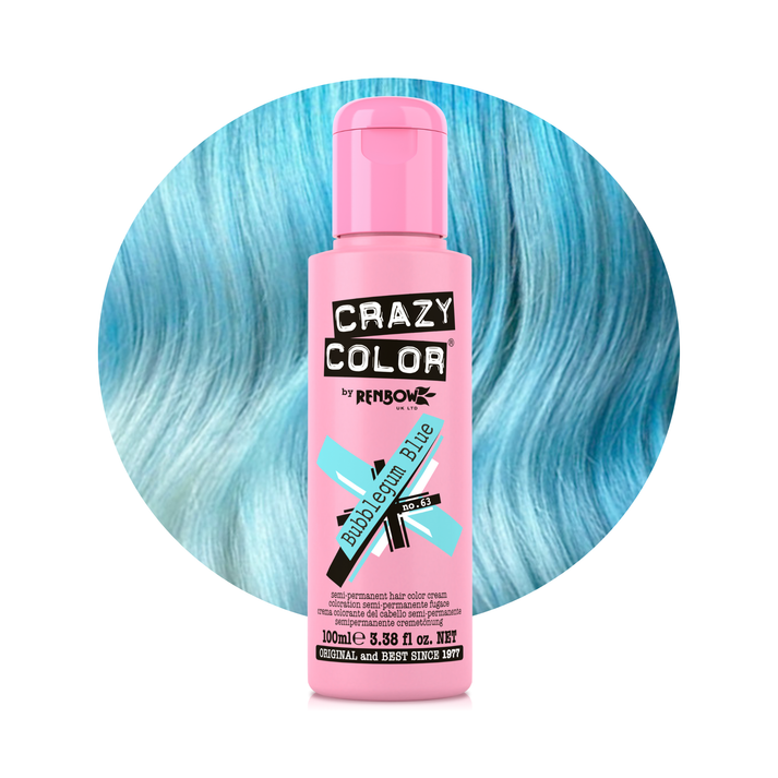 Pink bottle of Crazy Color hair color product with blue hair background