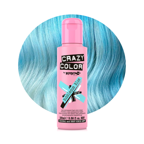 Pink bottle of Crazy Color hair color product with blue hair background
