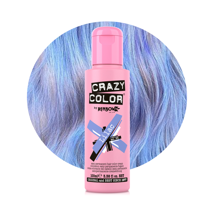 Pink bottle of Crazy Color hair dye with blue hair in the background