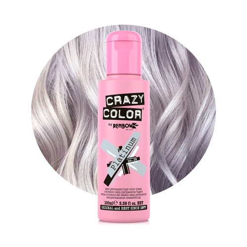 Pink bottle of Crazy Color hair dye with gray hair in the background