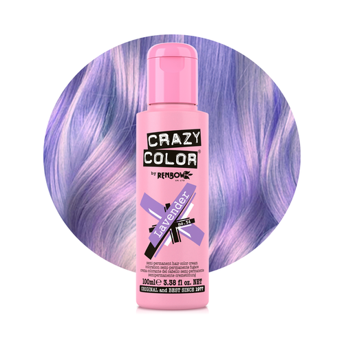 Pink bottle of Crazy Color hair dye with purple and blue hair strands in the background