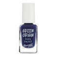 A bottle of Barry M. Green Origin nail polish in a deep navy blue shade, featuring a white cap and a clear glass bottle with white text on the front label.