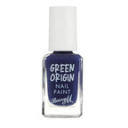 A bottle of Barry M. Green Origin nail polish in a deep navy blue shade, featuring a white cap and a clear glass bottle with white text on the front label.