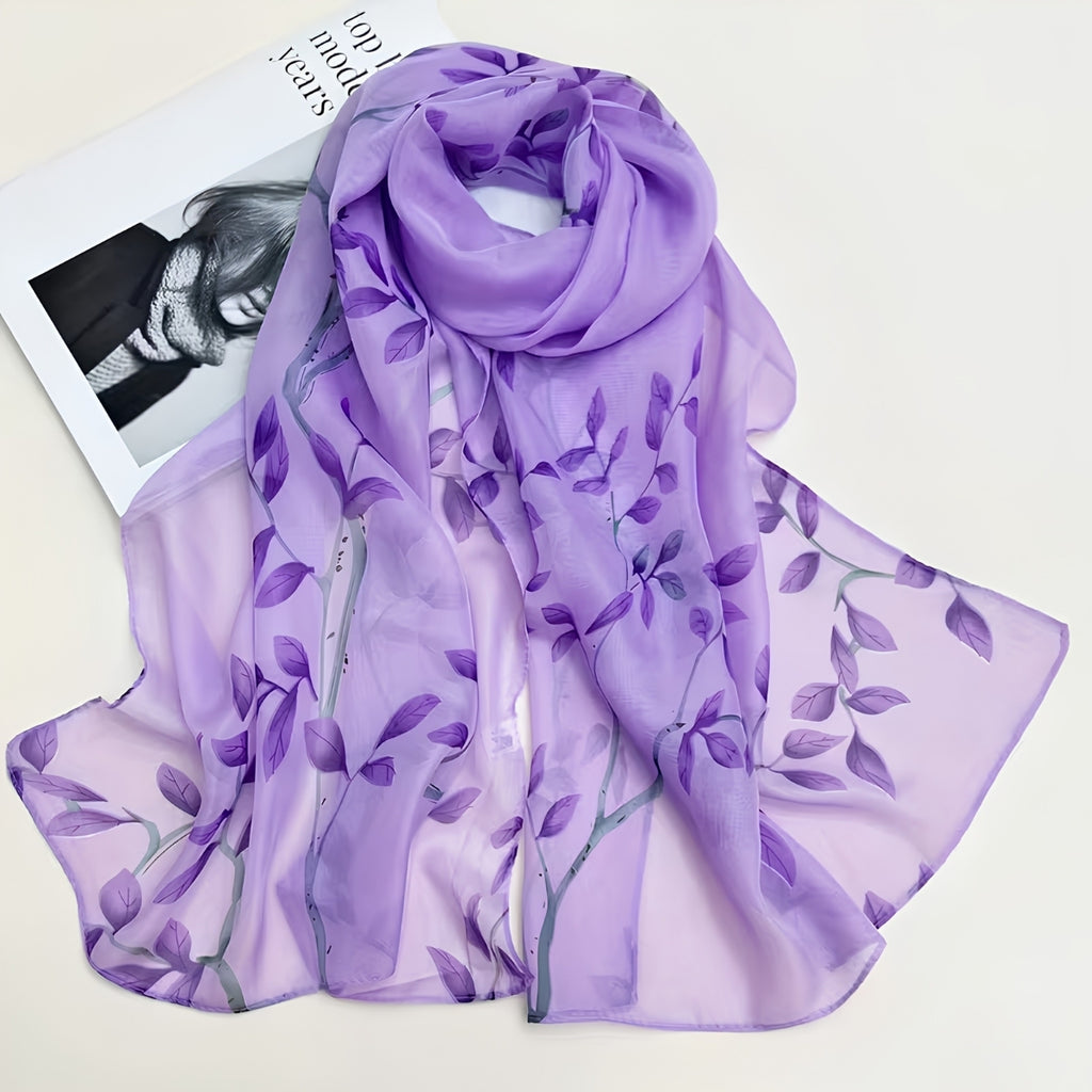 Womens Chiffon Printed Floral Scarf Purple