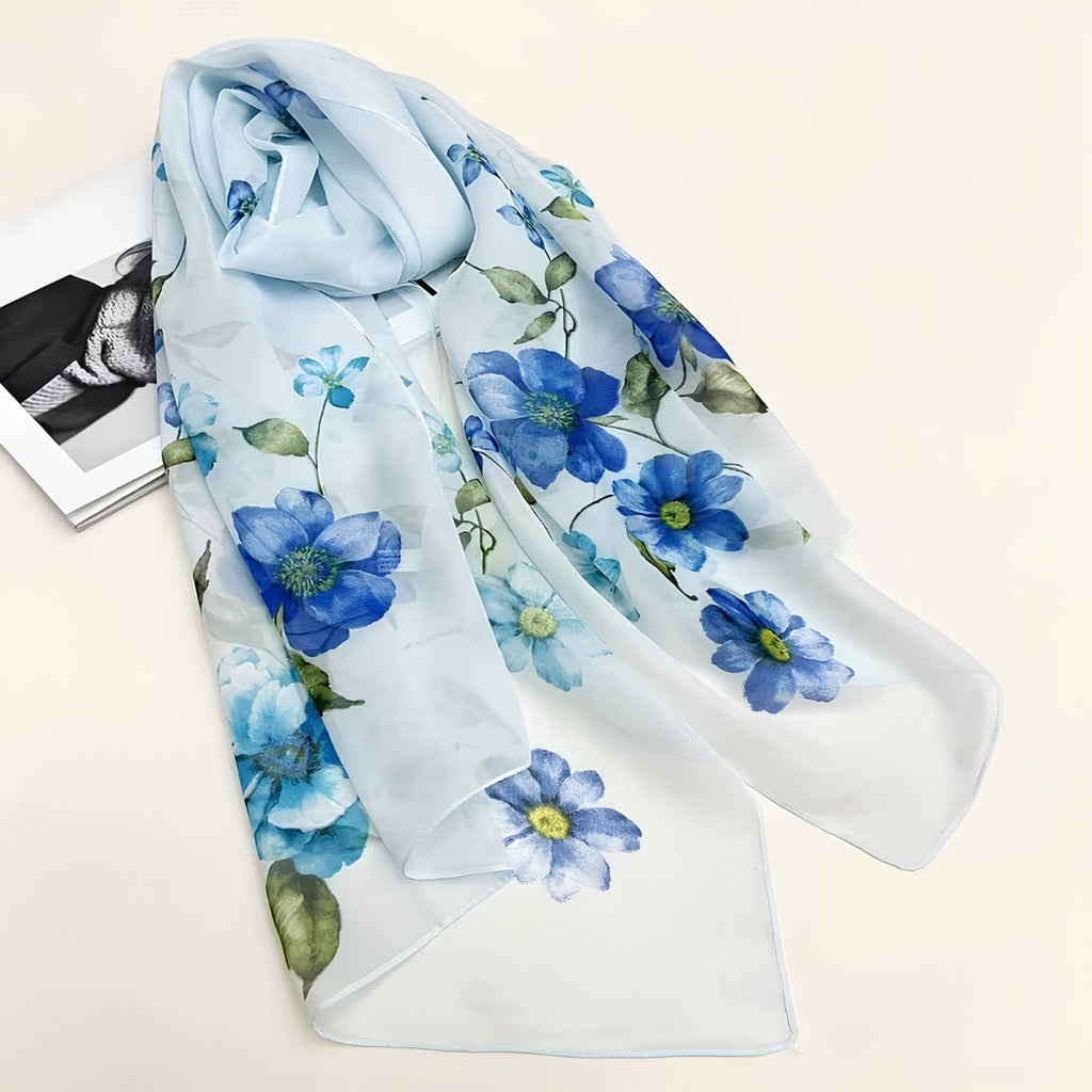 Womens Chiffon Printed Floral Scarf Blue
