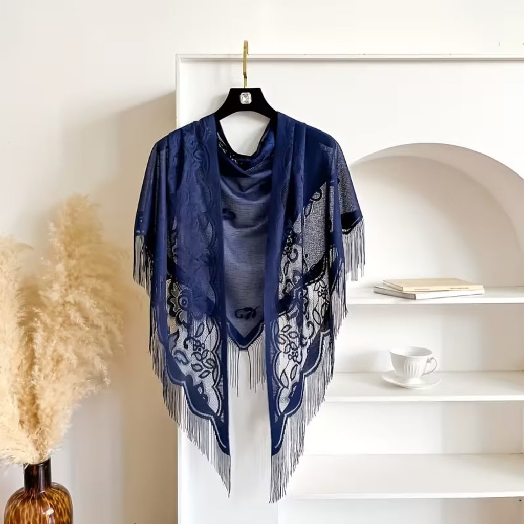 Women's Triangle Shawl Vintage Floral Cut-Out Pattern With Fringe Trim Navy