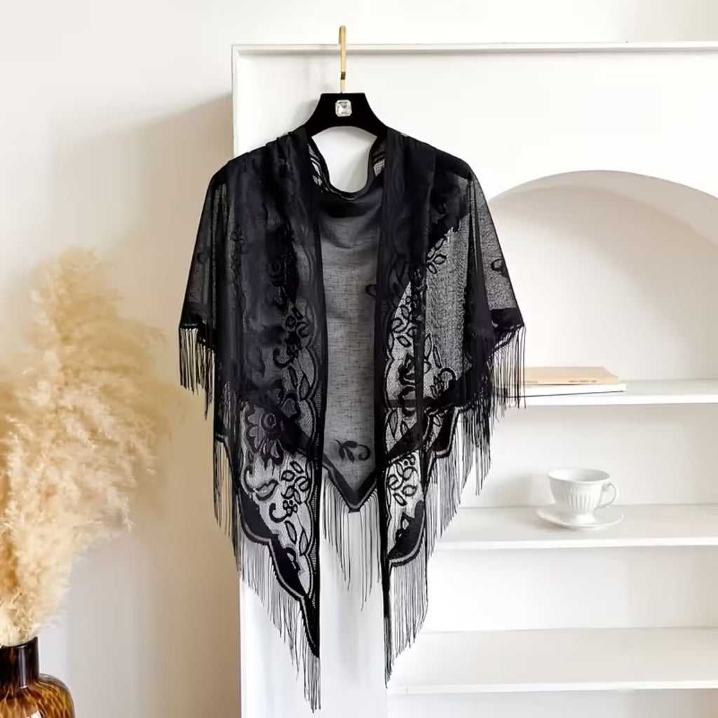 Women's Triangle Shawl Vintage Floral Cut-Out Pattern With Fringe Trim Black