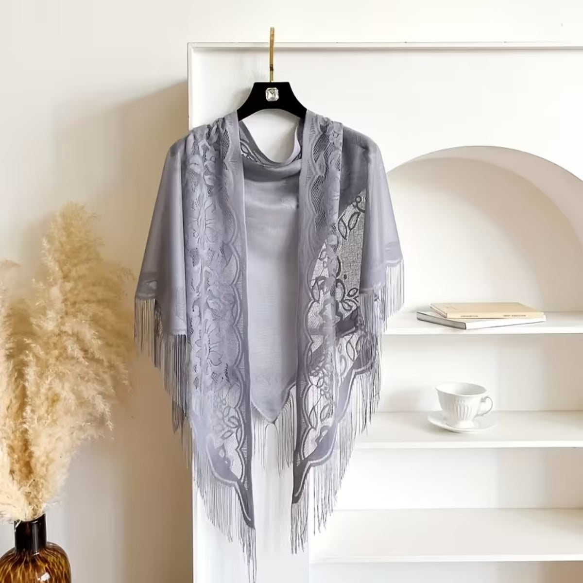 Women's Triangle Shawl Vintage Floral Cut-Out Pattern With Fringe Trim Grey
