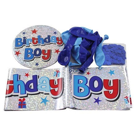 Birthday Boy Pack Balloons, Badge, Banner, and Table Confetti - Blue | Merthyr Tydfil | Why Not Shop Online