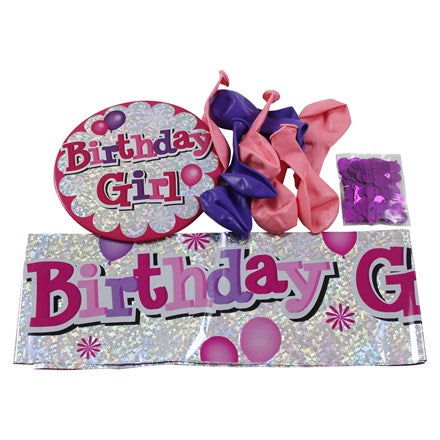 Birthday Girl Pack Balloons, Badge, Banner, and Table Confetti - Multi-Coloured | Merthyr Tydfil | Why Not Shop Online