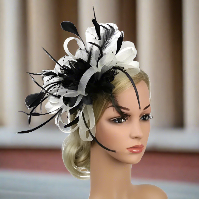 Black And White Mesh Flower Feather Headband Fascinator With Clip | Merthyr Tydfil | Why Not Shop Online
