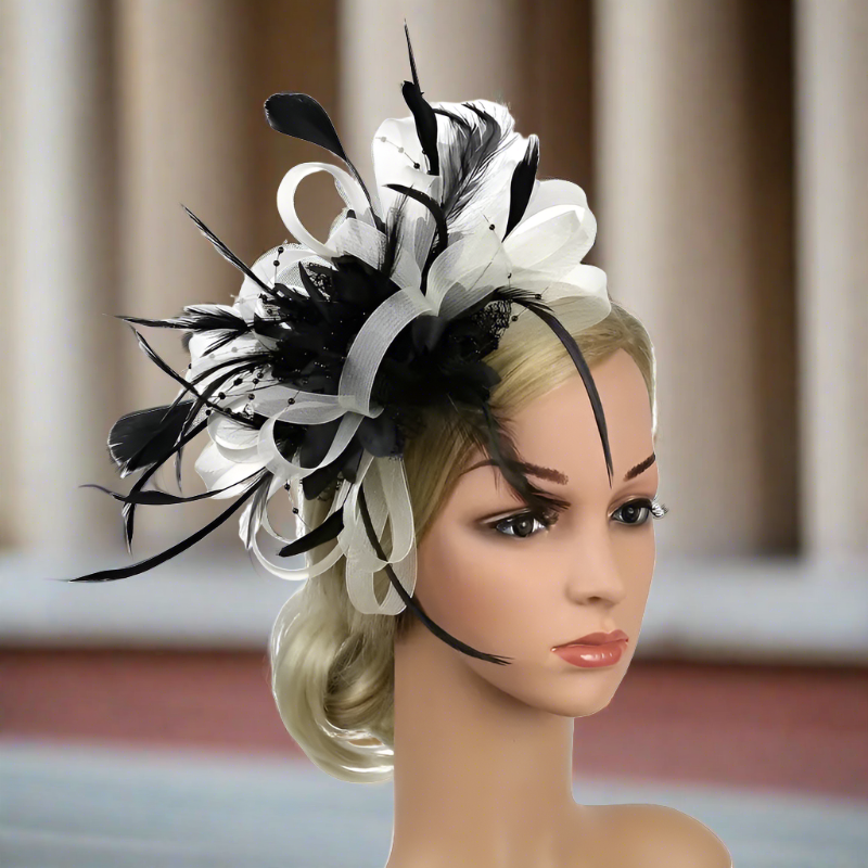 Black And White Mesh Flower Feather Headband Fascinator With Clip | Why Not Shop