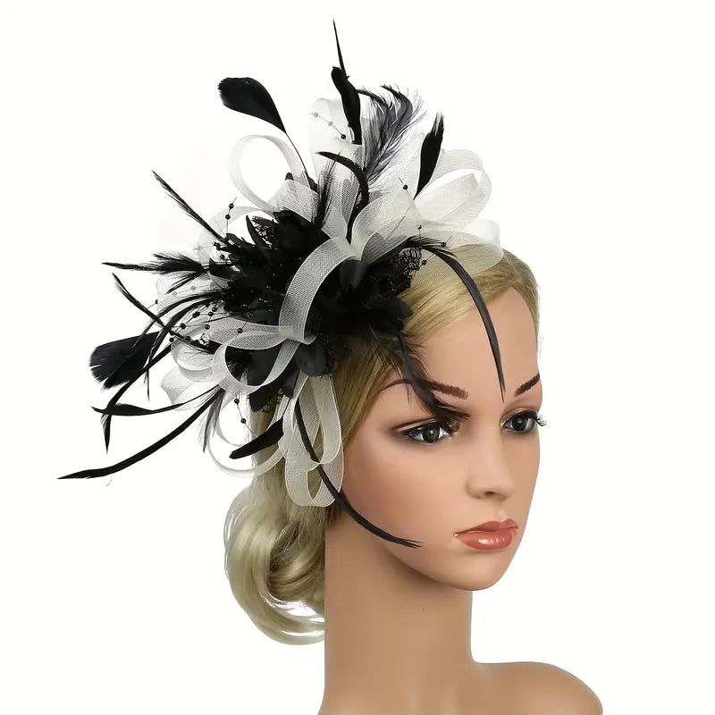 Black And White Mesh Flower Feather Headband Fascinator With Clip | Why Not Shop