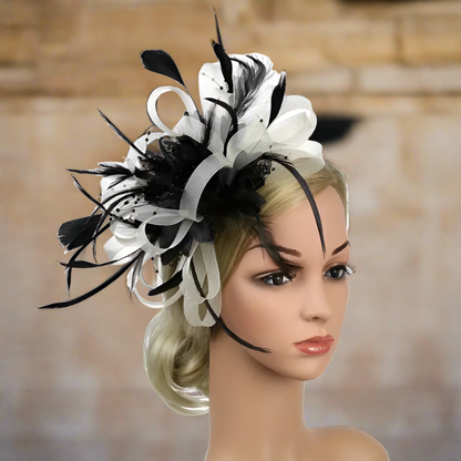 Black And White Mesh Flower Feather Headband Fascinator With Clip | Why Not Shop