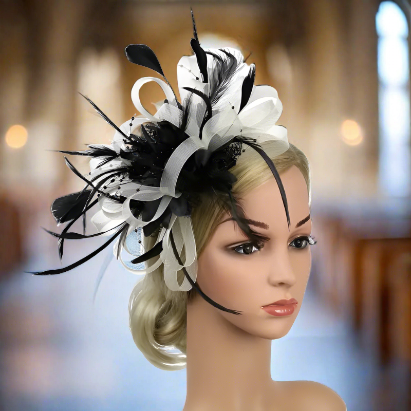 Black And White Mesh Flower Feather Headband Fascinator With Clip | Why Not Shop