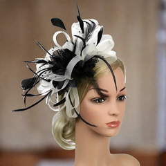 Black And White Mesh Flower Feather Headband Fascinator With Clip | Why Not Shop