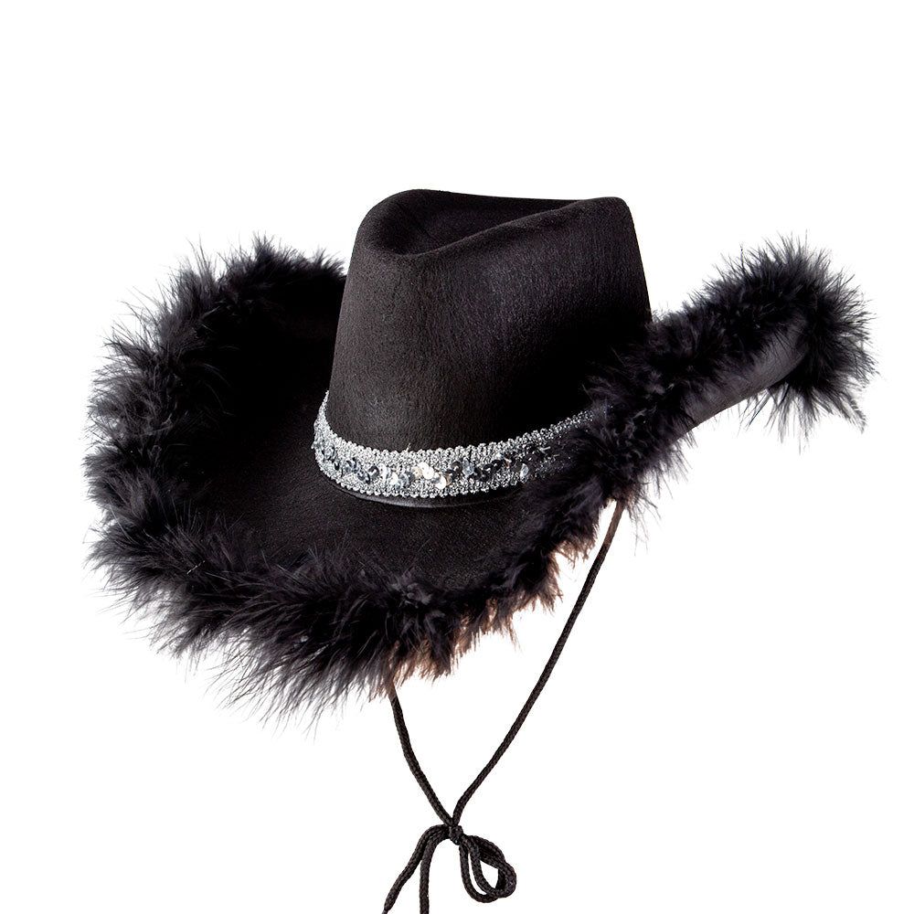 Black Texan Cowgirl Hat with Silver Sequins and Black Marabou Feather | Merthyr Tydfil | Why Not Shop Online