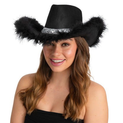 Black Texan Cowgirl Hat with Silver Sequins and Black Marabou Feather | Merthyr Tydfil | Why Not Shop Online