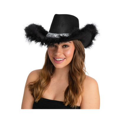 Black Texan Cowgirl Hat with Silver Sequins and Black Marabou Feather | Merthyr Tydfil | Why Not Shop Online