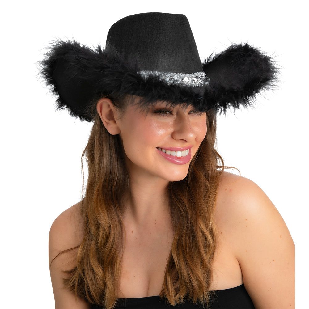 Black Texan Cowgirl Hat with Silver Sequins and Black Marabou Feather | Merthyr Tydfil | Why Not Shop Online