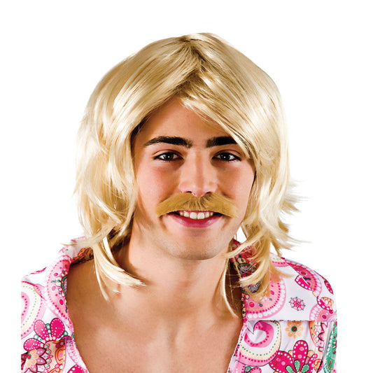 Blonde Disco Fancy Dress Wig with Moustache - 70s Retro Accessory Kit for Men | Merthyr Tydfil | Why Not Shop Online