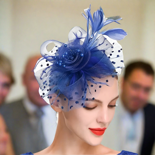 Blue Vintage Mesh With Faux Feather Headband Fascinator With Clip | Why Not Shop