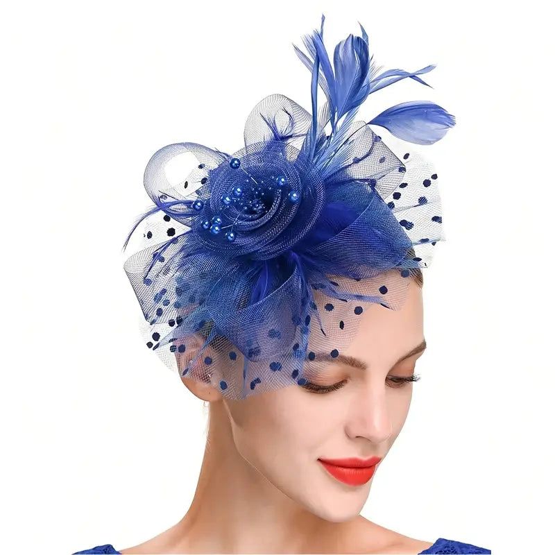Blue Vintage Mesh With Faux Feather Headband Fascinator With Clip | Why Not Shop