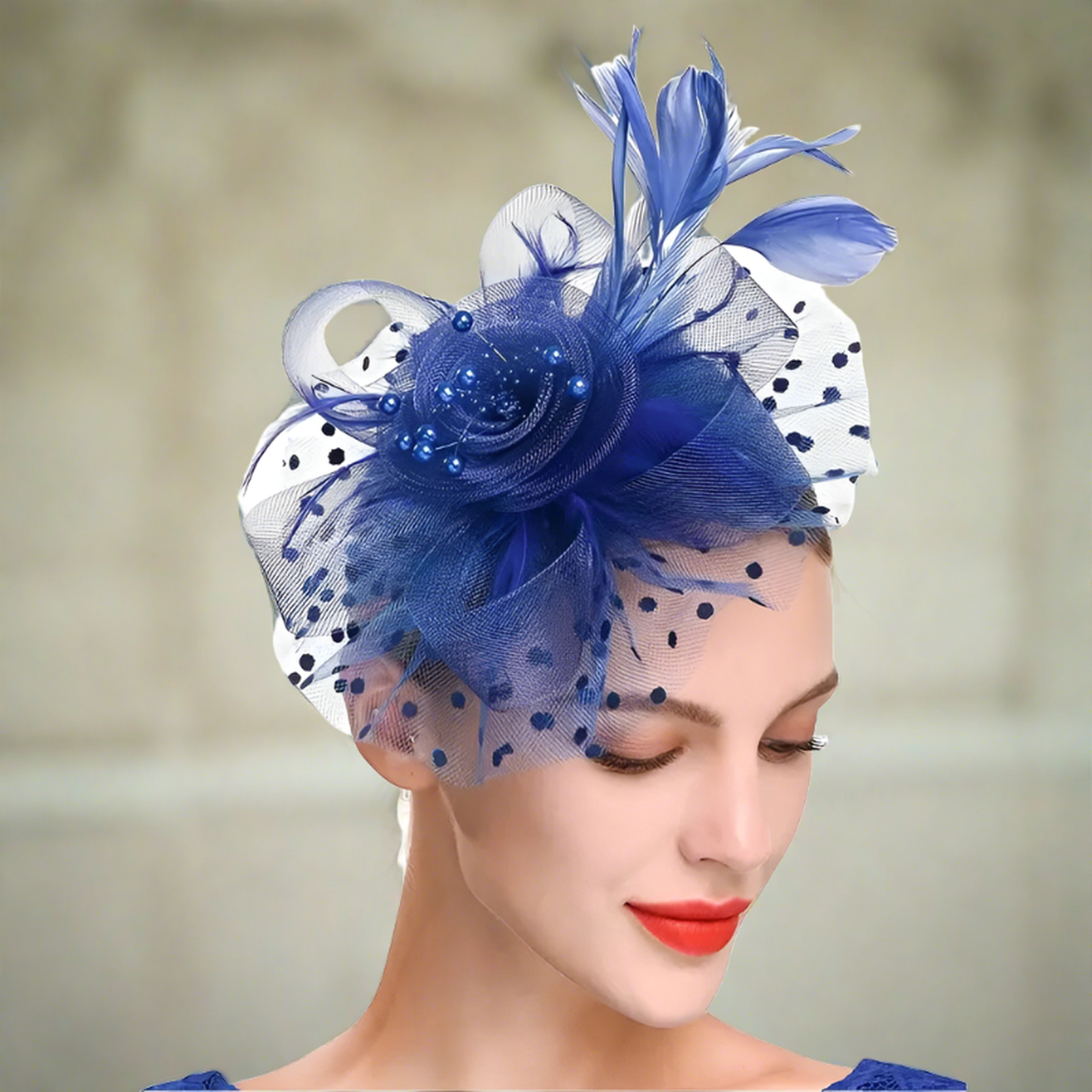 Blue Vintage Mesh With Faux Feather Headband Fascinator With Clip | Why Not Shop