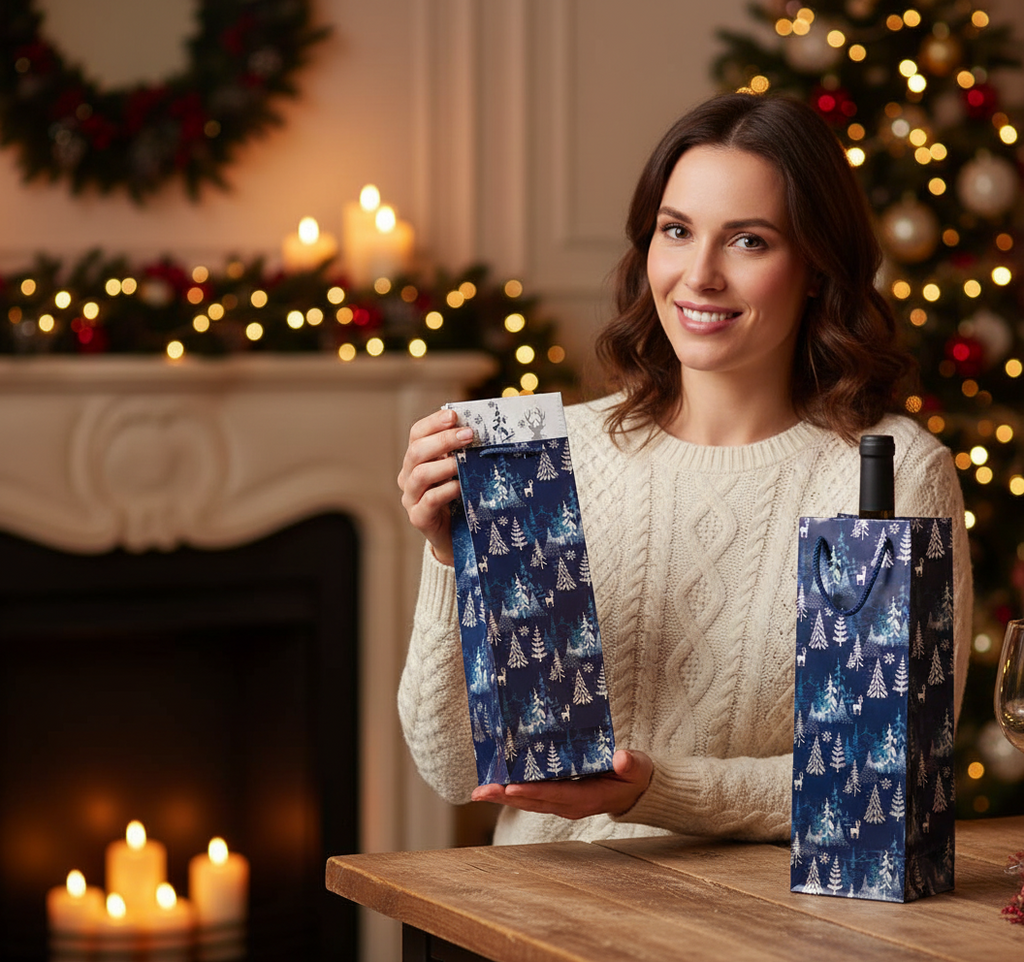 Blue Woodland Christmas Bottle Gift Bags Pack Of 3 | Merthyr Tydfil | Why Not Shop Online