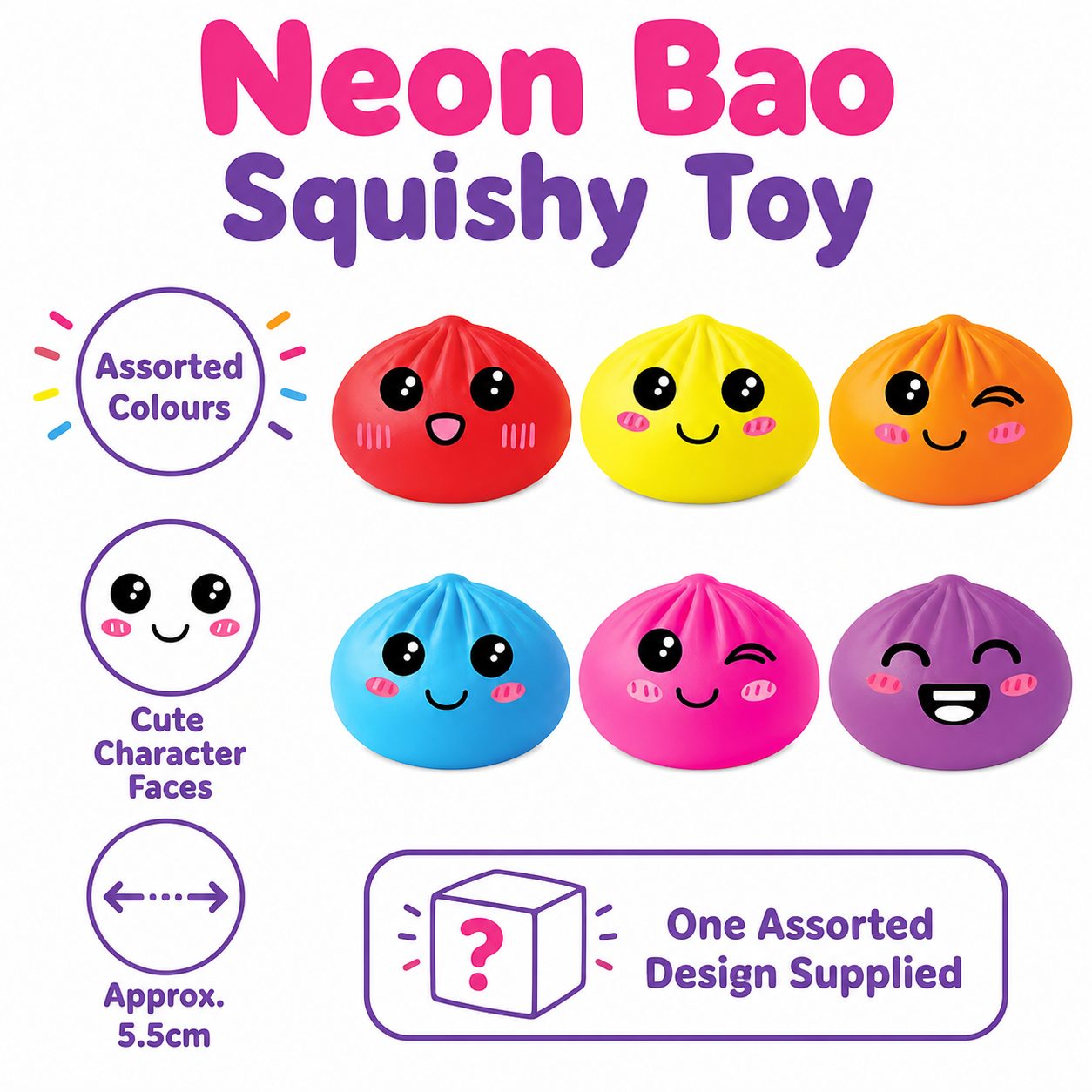 Neon bao squishy toy features and assorted colour options