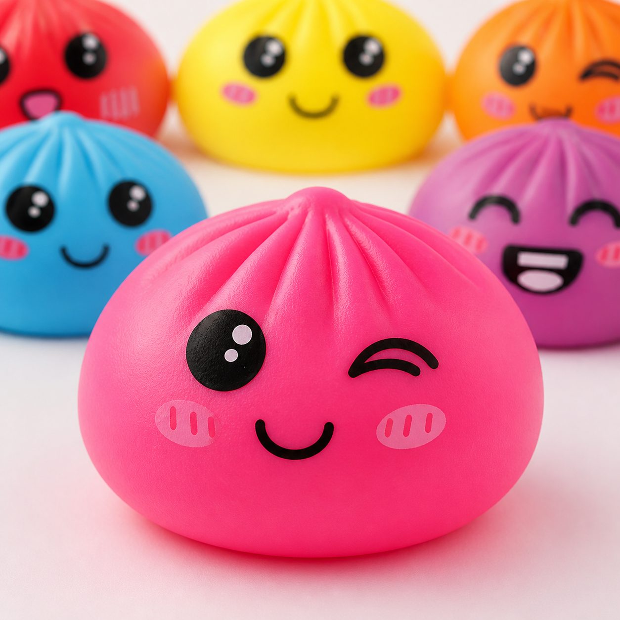 Close-up of pink neon bao dumpling squishy toy