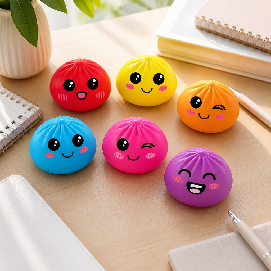 Assorted neon bao squishy toys arranged on a desk