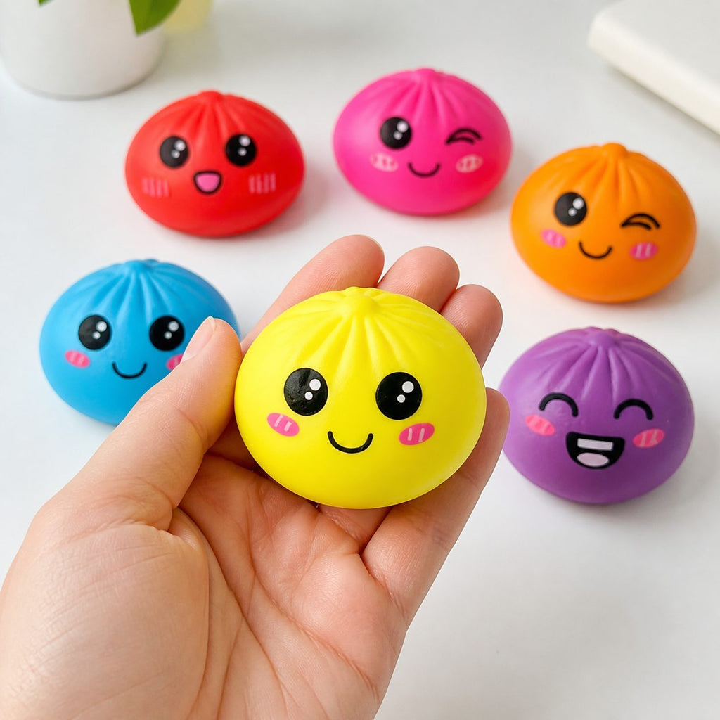 Yellow neon bao dumpling squishy toy held in an adult hand
