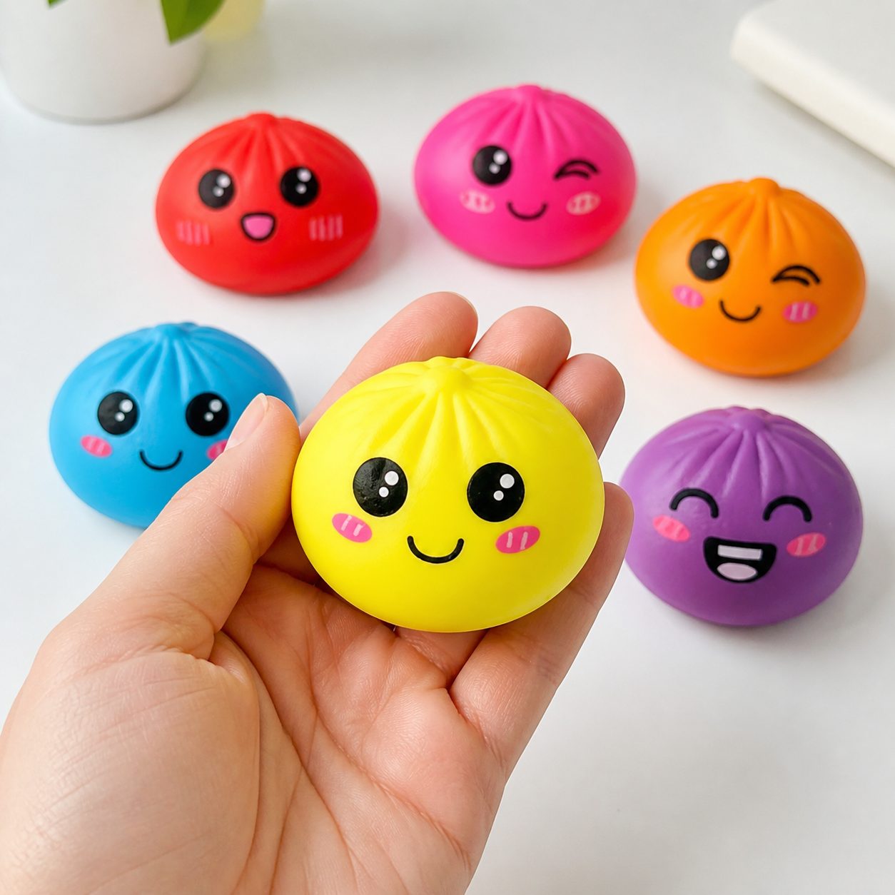 Yellow neon bao dumpling squishy toy held in an adult hand