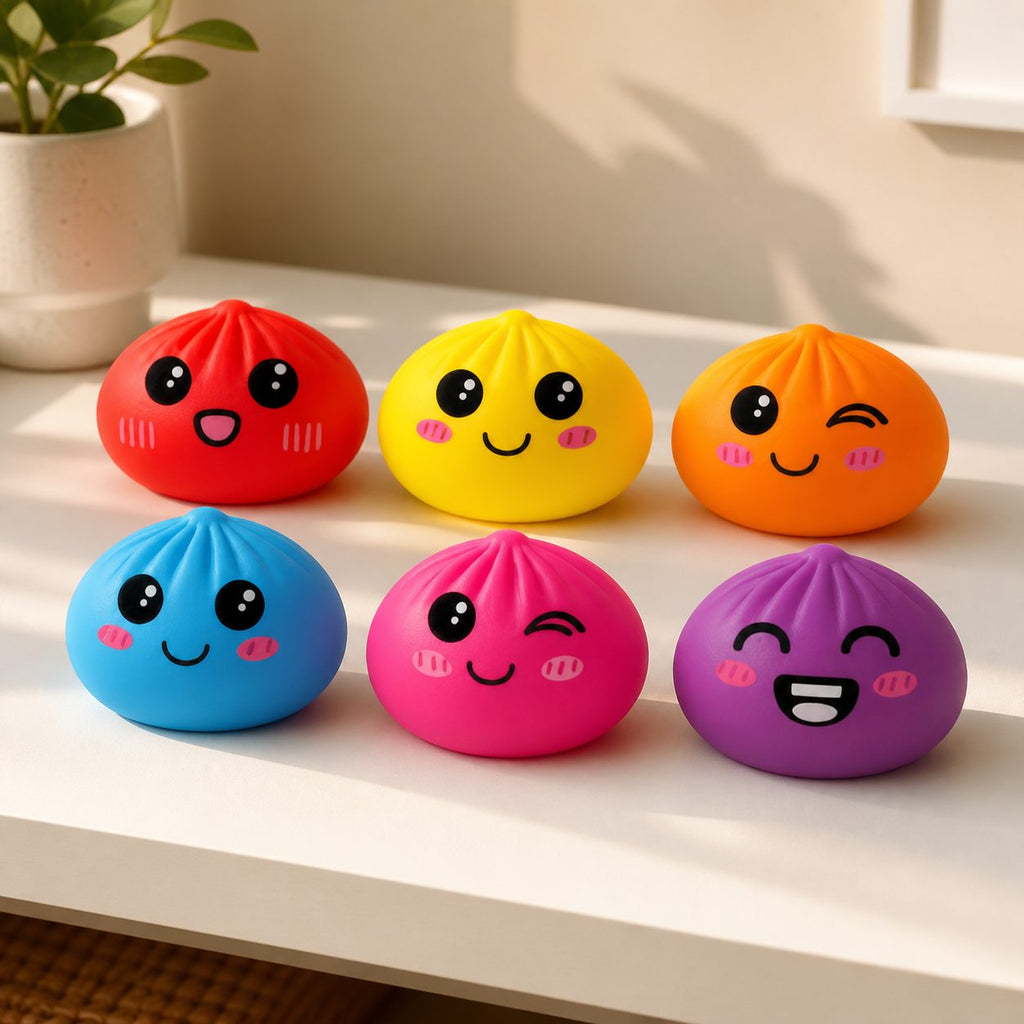 Six assorted neon bao dumpling squishy toys in natural light