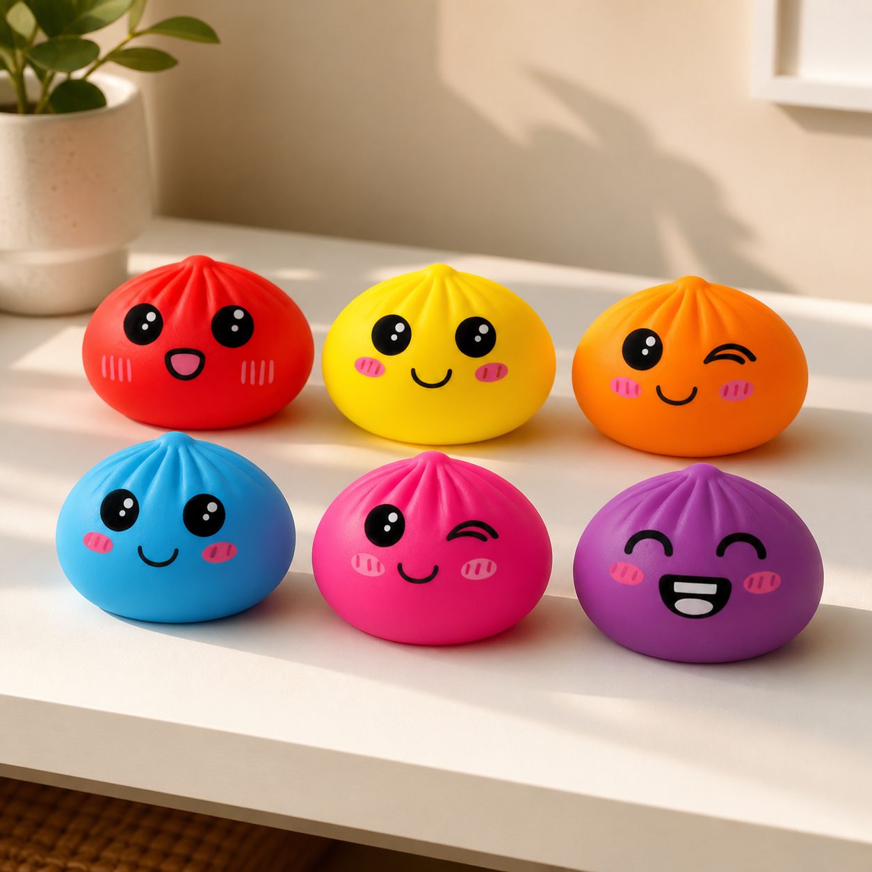 Six assorted neon bao dumpling squishy toys in natural light