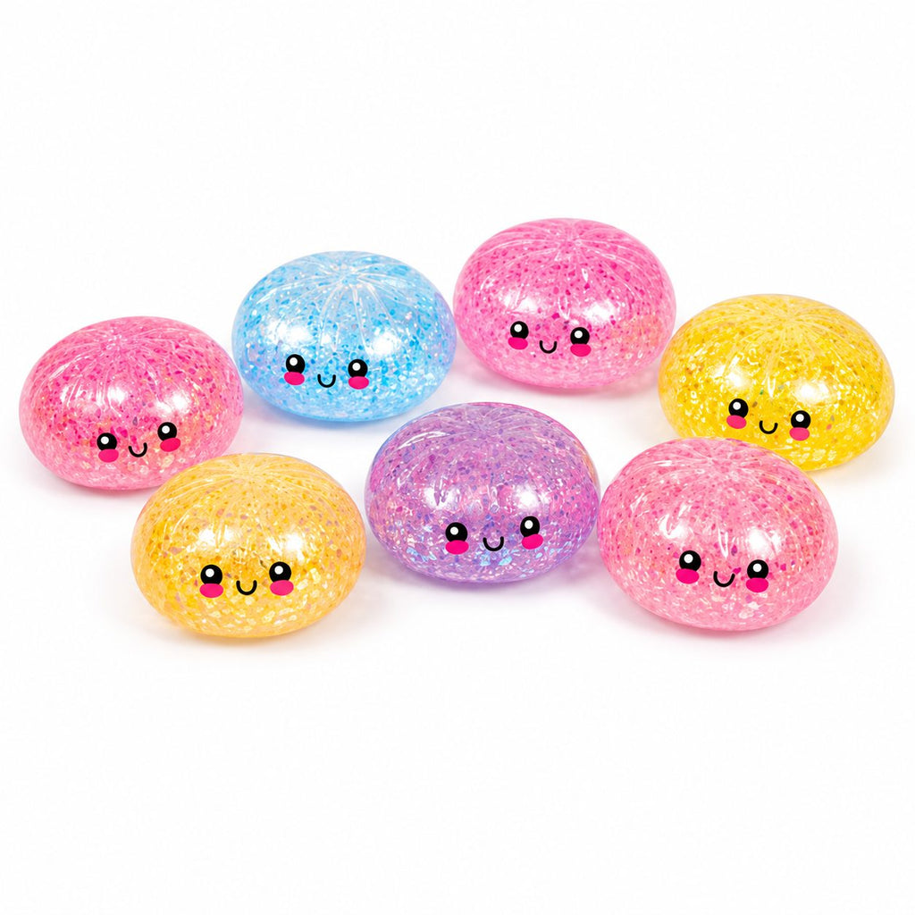 Pearl glitter squishy buns in assorted pink blue purple and yellow