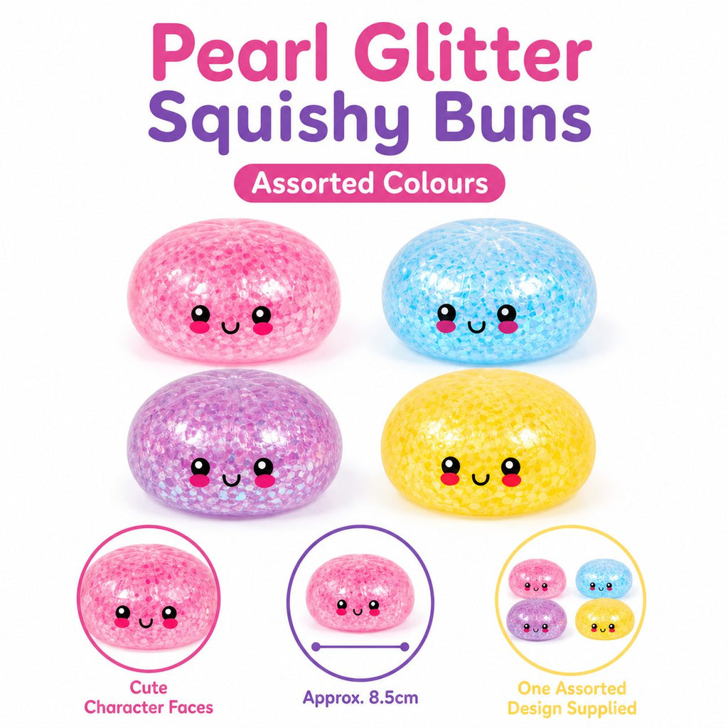 Pearl glitter squishy bun features and assorted colours