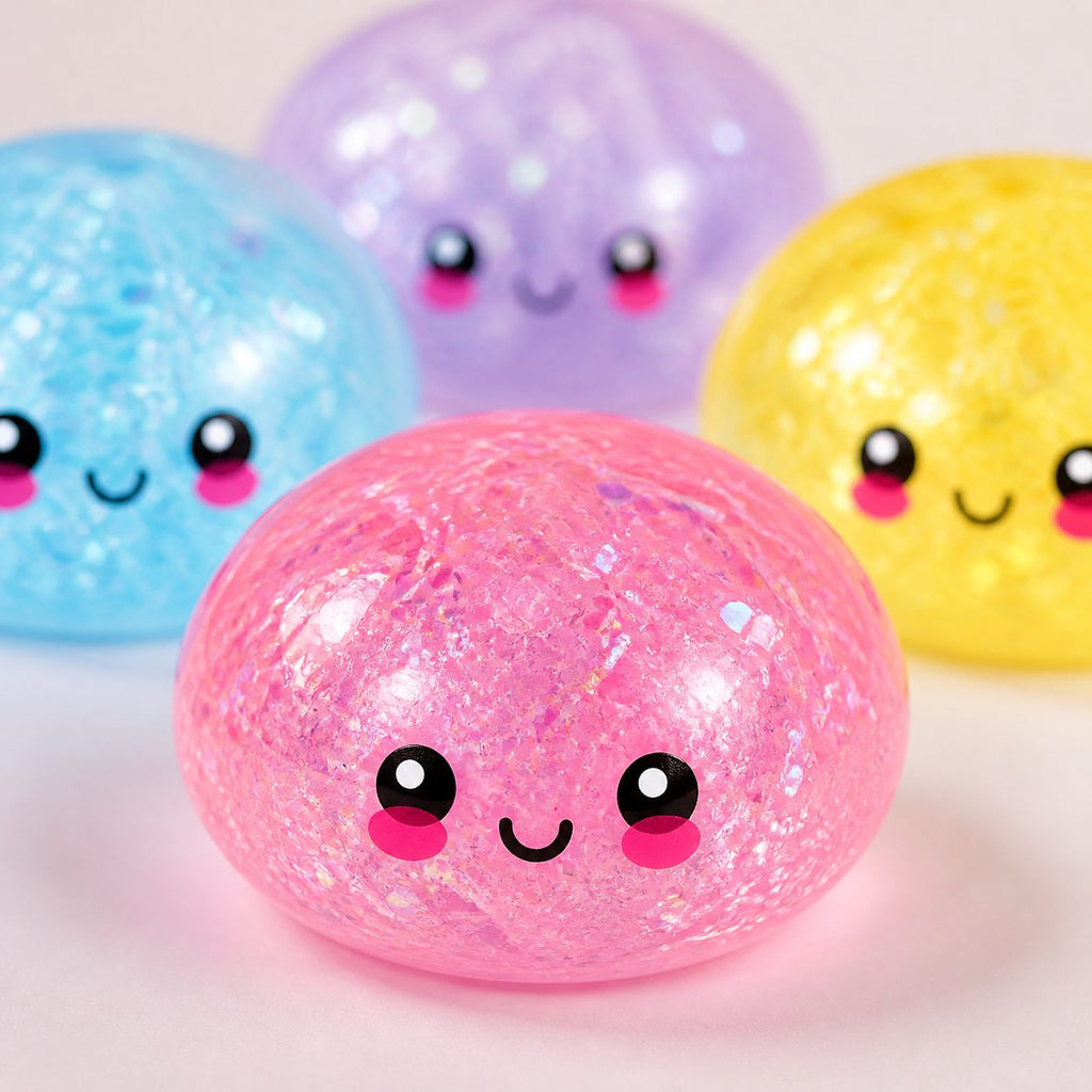Close-up of pink pearl glitter squishy bun with kawaii face