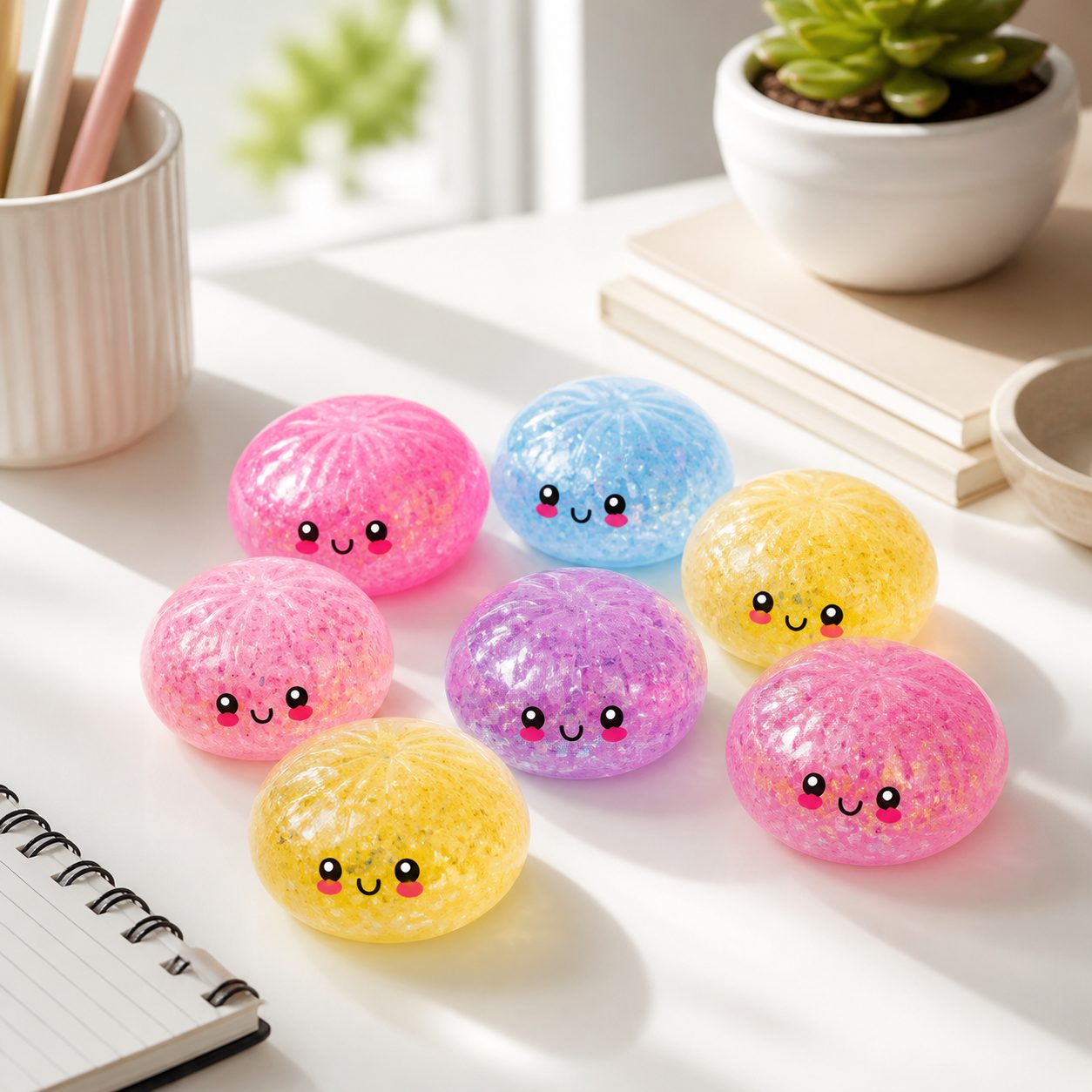 Assorted pearl glitter squishy buns arranged on a bright desk