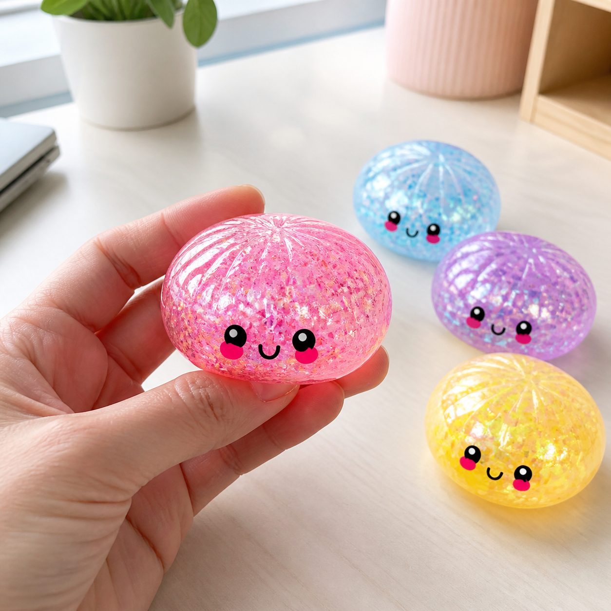 Pink pearl glitter squishy bun held in an adult hand