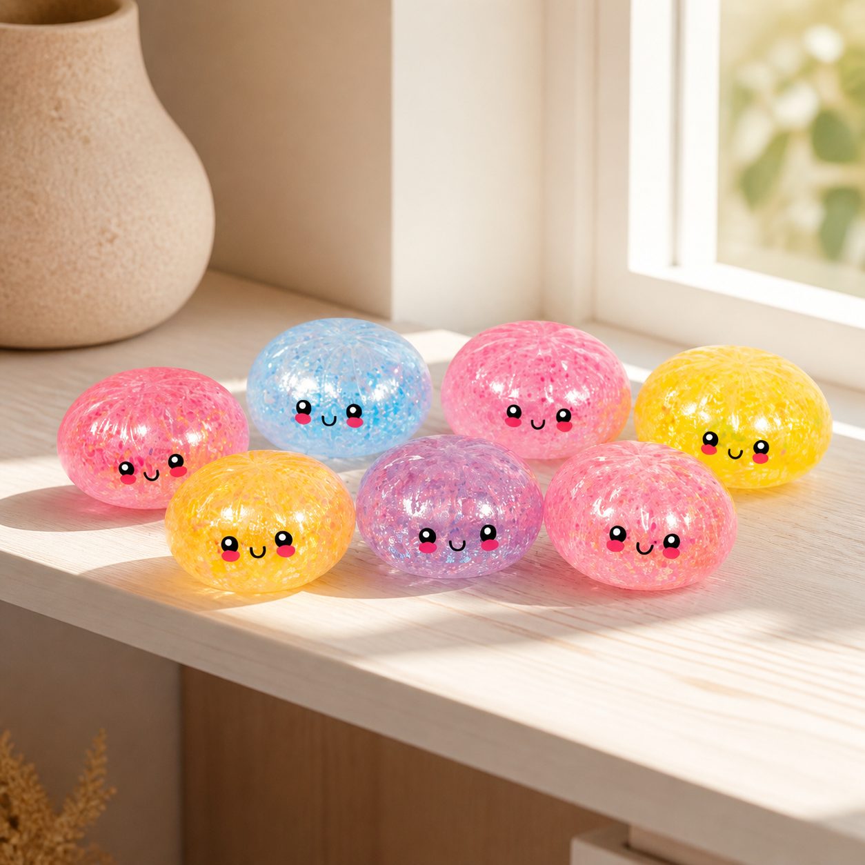 Assorted pearl glitter squishy buns in warm natural light