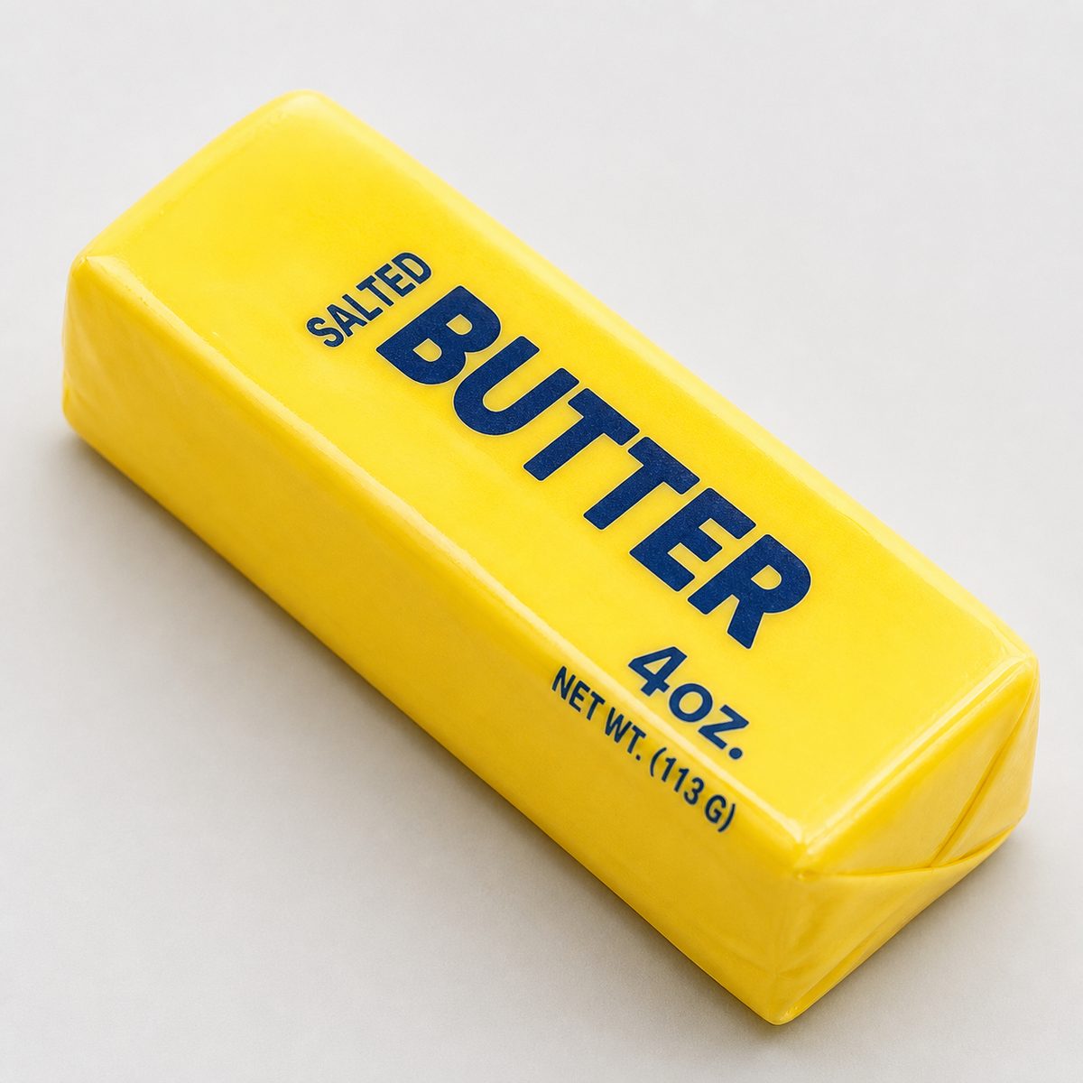 Close-up of yellow salted butter squishy toy wrapper
