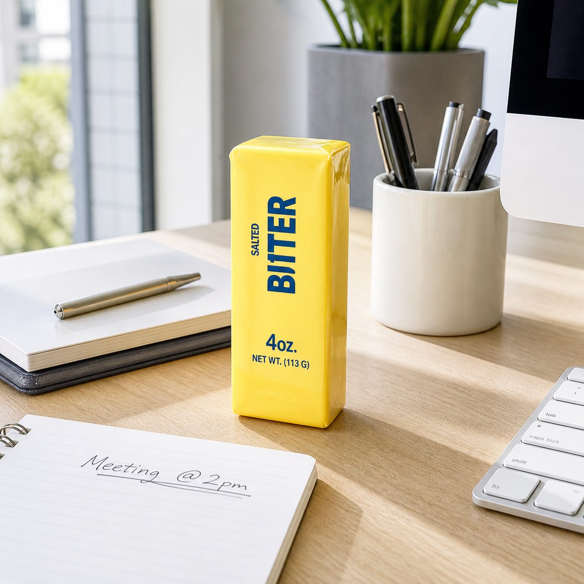 Salted butter squishy toy styled as a novelty desk accessory