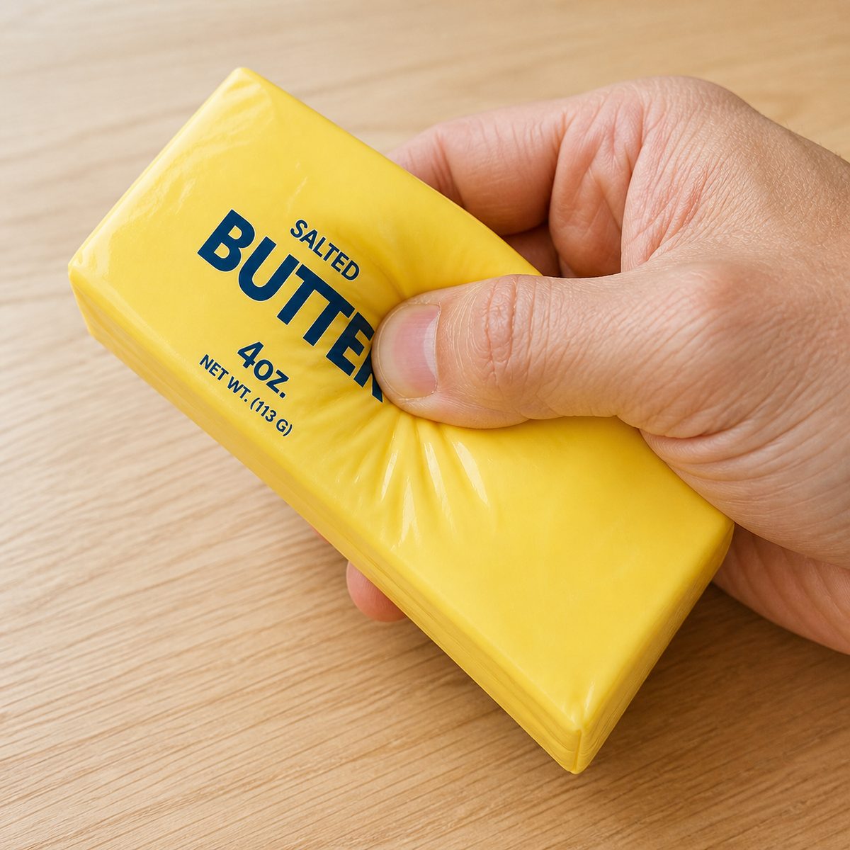 Yellow butter squishy toy gently squeezed by an adult hand
