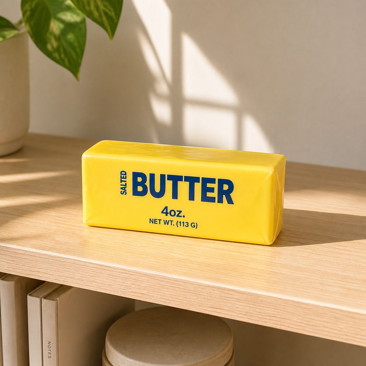Salted butter squishy toy in warm natural light